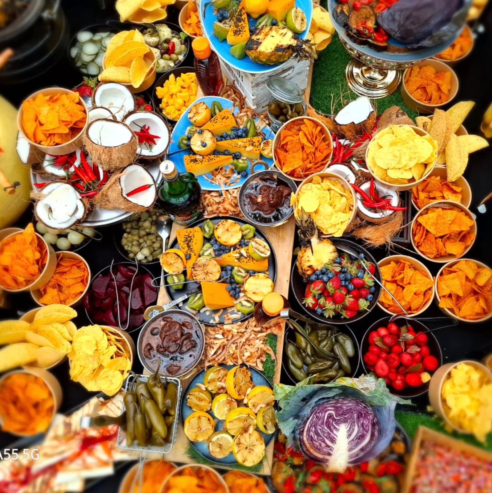A grazing table spread of tortilla chips, halved coconuts, grilled citrus, chargrilled pineapple, and fresh berries.